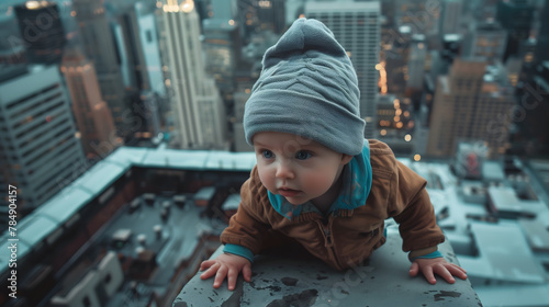 Brave Baby: Heroic Pose on Ledge, Gazing at Cityscape, Close-Up Perspective