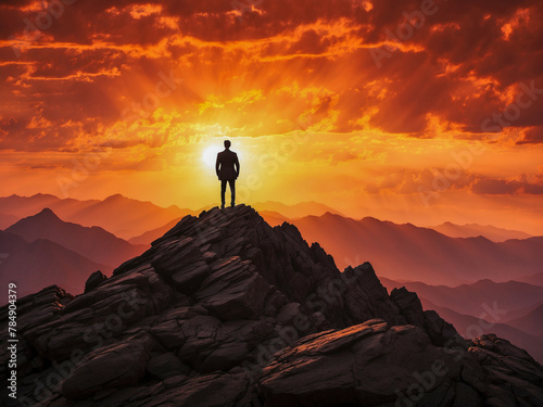Conquering the Climb: Determined Businessman Silhouetted at Mountain Peak 