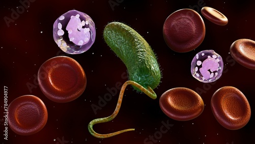 3D rendering of Vibrio vulnificus, red blood cells and white blood cells