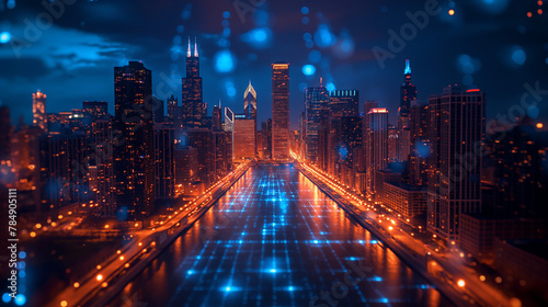 Illuminated aerial city panorama of Chicago Riverwalk downtown, Boardwalk with bridges, night time, Illinois, USA. Social media hologram. Concept of networking and establishing new people connections.