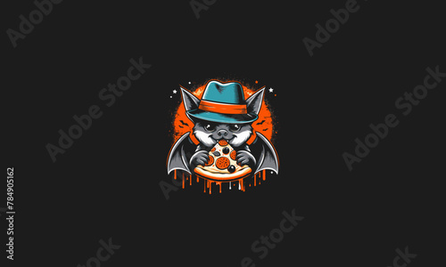 bat wearing hat eat pizza vector illustration flat design