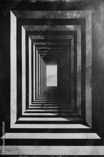 A black and white photo of a long hallway with a doorway in the middle
