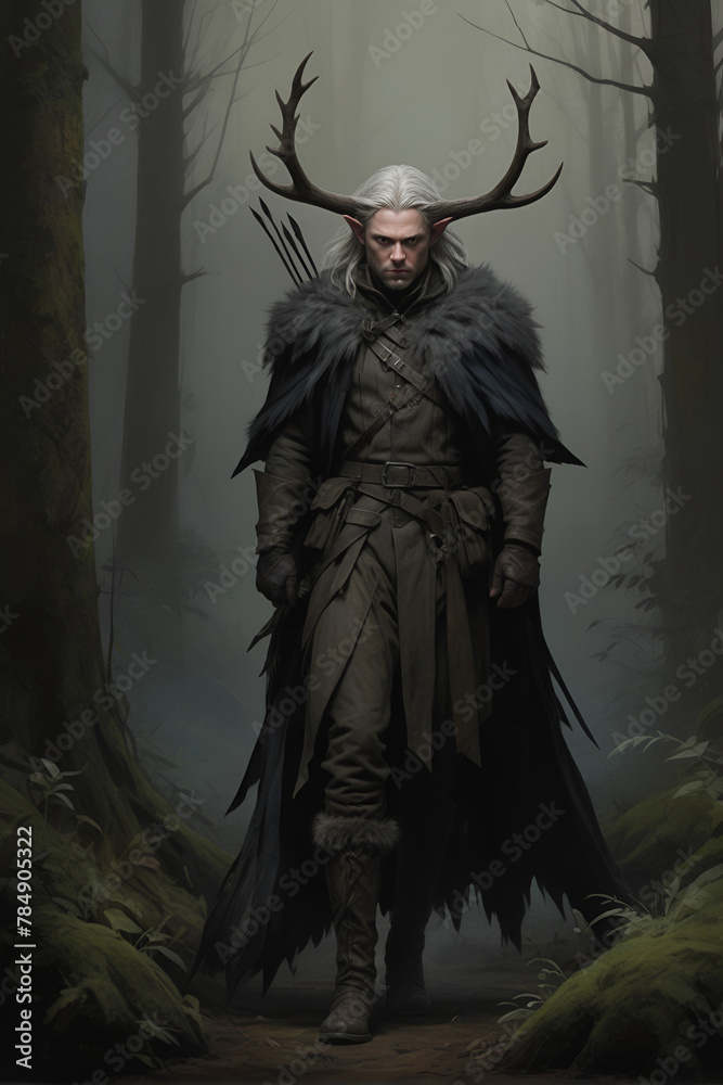 An elf with white hair and antlers stands in a foggy forest, A man with antlers like a deer armed with a bow. An elf with white hair and antlers stands in a foggy forest, A man with antlers like a deer armed with a bow.