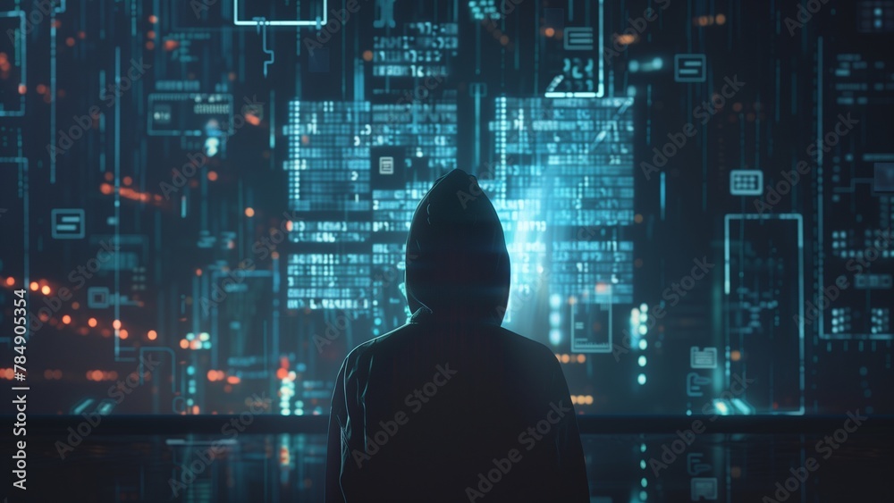 a silhouette of a person in a hoodie facing a computer screen a silhouette of a person in a hoodie facing a computer screen