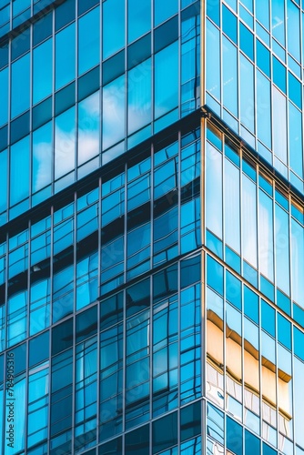 Geometric patterns of modern skyscraper windows reflecting the sky, close-up view