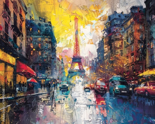 A painting of a city street with a tall tower in the background © ศิริธัญญา ตันสกุล
