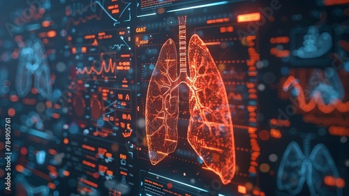 Comprehensive red lung illustrations on a cutting-edge medical interface displaying a range of health indicators and analytical data