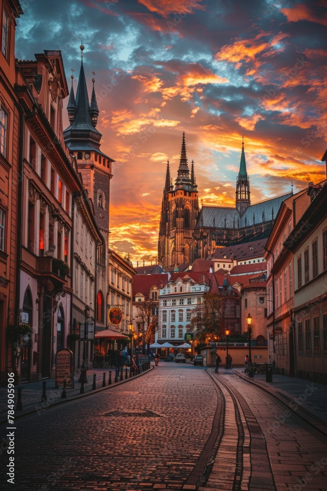 Panoramic view of a historic European city, cobblestone streets, quaint buildings, and a towering cathedral against a sunset sky