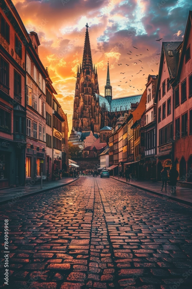 Panoramic view of a historic European city, cobblestone streets, quaint buildings, and a towering cathedral against a sunset sky