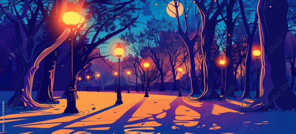 Pop art rendition of a city park at night, glowing lanterns, stylized trees, and long shadows