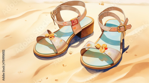 A pair of elegant sandals rests on the sun-kissed sand, with the soothing waves of the sea providing a tranquil backdrop for a perfect beach day.