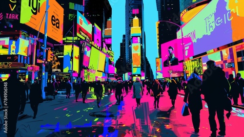 Pop art rendition of a bustling city street, stylized people, colorful signs, and bold shadows