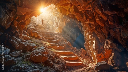 A stone tunnel filled with light beams protruding from within an empty tomb. Jesus Christ's Easter resurrection. Christian Easter idea; Christianity; faith; religion. photo