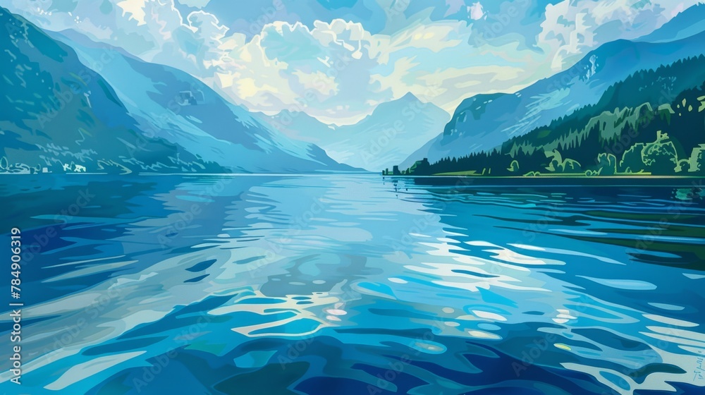 Realistic pop art rendition of a crystal-clear mountain lake, vibrant reflections, stylized ripples, and smooth textures