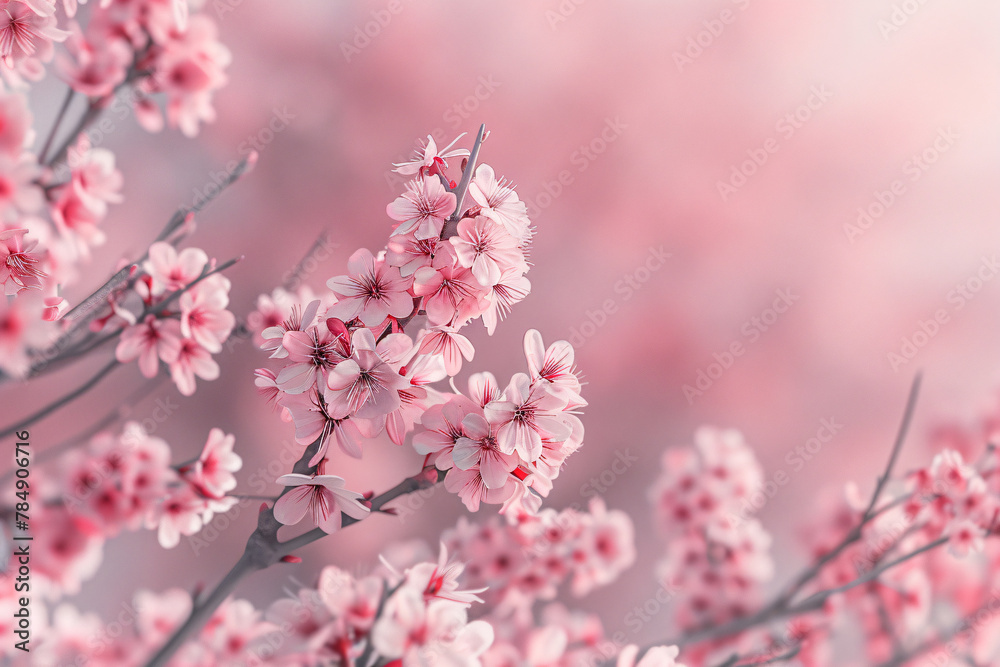 Pink cherry blossoms burst into bloom on a branch in spring