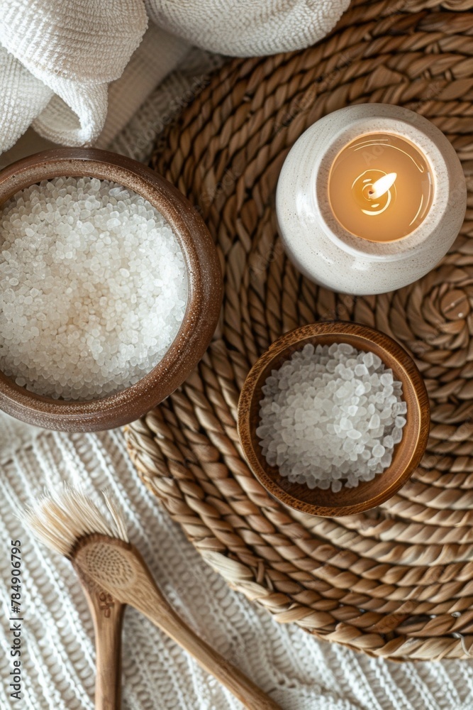 Top-view shot of a textured spa arrangement: woven tray, textured ceramic oil holder, textured bath salts, rough wooden spoon, and a flickering candle Top-view shot of a textured spa arrangement: woven tray, textured ceramic oil holder, textured bath salts, rough wooden spoon, and a flickering candle