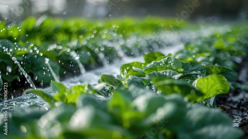 Precision Irrigation Nourishing Lush Crop Growth with Glistening Water Droplets in a Flourishing Garden