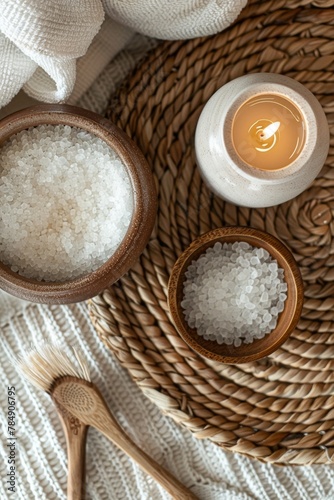 Top-view shot of a textured spa arrangement: woven tray, textured ceramic oil holder, textured bath salts, rough wooden spoon, and a flickering candle