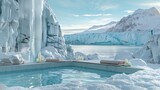 Arctic Oasis Against a backdrop of frozen mountains and glaciers the podium features a soothing ice bath filled with nourishing skincare . .