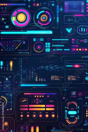 UI design elements in bold colors, buttons, icons, futuristic interface
