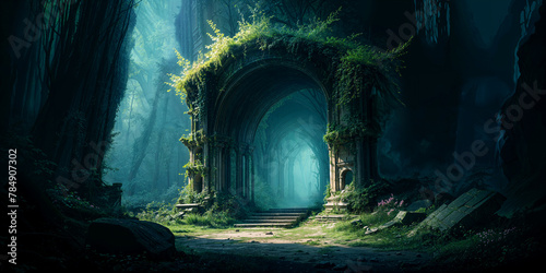 fantasy dark wood ancient ruin gate intricately carved from stone, nestled in the heart of a long-forgotten elven forest - overgrown with moss and ivy, mystical hidden appearance.