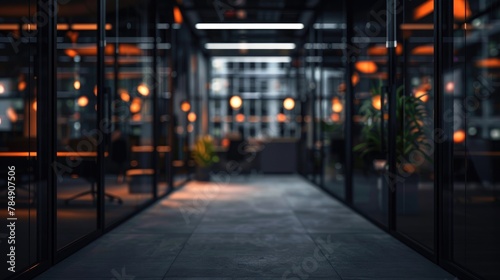 Blurred large office interior background at night time, Generative AI