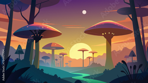 As the sun set in the digital sky the bioengineered ecosystem came to life with a symphony of colors and sounds. Glowing mushrooms dotted the
