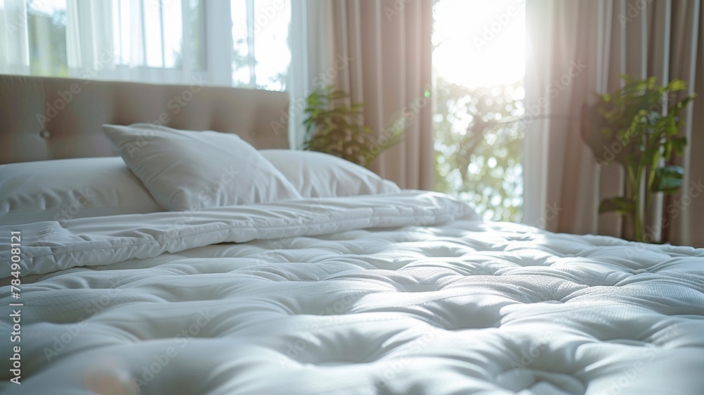 Bright room with a white quality mattress on the bed. Interior of bedroom, cozy sleeping quarters, hotel room, journey, holiday idea Bright room with a white quality mattress on the bed. Interior of bedroom, cozy sleeping quarters, hotel room, journey, holiday idea