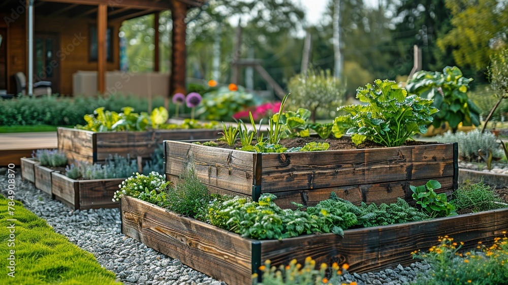 In a contemporary garden, wooden raised beds are used to cultivate flowers, vegetables, herbs, and spices next to a wooden farmhouse in the countryside. In a contemporary garden, wooden raised beds are used to cultivate flowers, vegetables, herbs, and spices next to a wooden farmhouse in the countryside.
