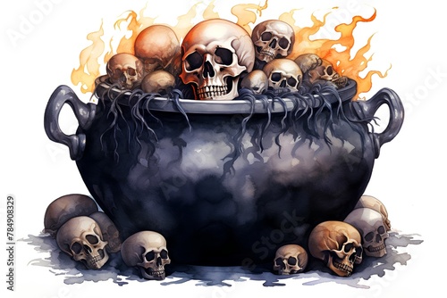 Cauldron with human skulls, isolated on white background. Watercolor illustration photo