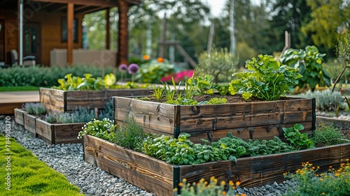 In a contemporary garden, wooden raised beds are used to cultivate flowers, vegetables, herbs, and spices next to a wooden farmhouse in the countryside.