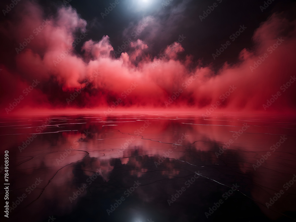 Abstract red fog enveloping a reflective floor—This is an abstract composition featuring red fog rolling over a dark, reflective surface, creating a surreal scene design.