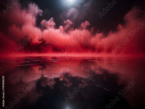 Abstract red fog enveloping a reflective floor—This is an abstract composition featuring red fog rolling over a dark, reflective surface, creating a surreal scene design. © Mahmud