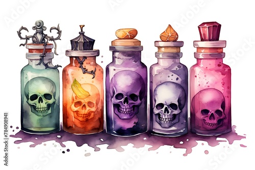 Bottles with magic potion and skull. Hand drawn watercolor illustration photo