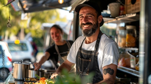 Fototapeta Naklejka Na Ścianę i Meble -  Cheerful male food truck owner serving with a friendly smile, representing small business hospitality and the concept of street food entrepreneurship.