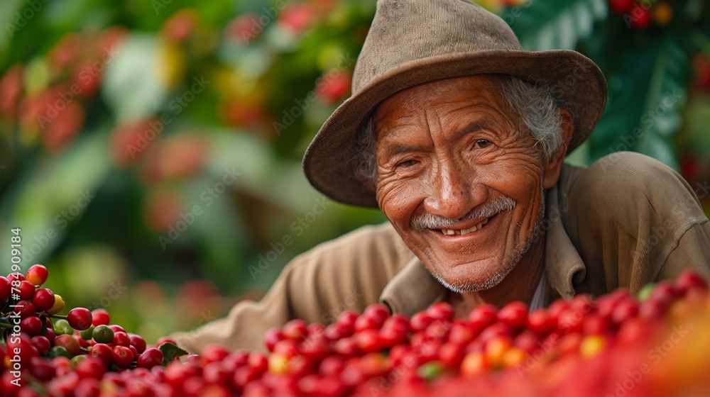 Joyful senior farmer with a bright smile surrounded by a bountiful coffee harvest, Concept of agriculture, happiness and success