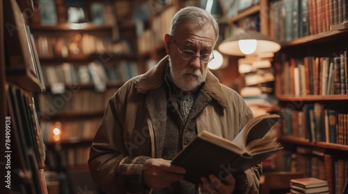 Elderly man immersed in reading a book in a cozy library setting, Concept of knowledge, learning and relaxation in retirement