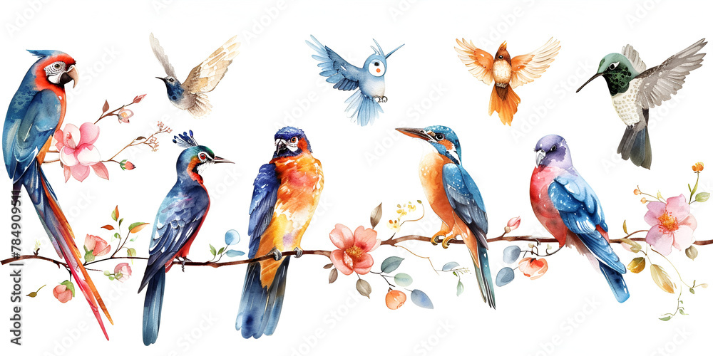 Watercolor birds set. Peacock, owl, pelican, parrot, humming birds collections. generative ai 