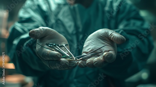 Detailed view of a surgeon's hands holding surgical instruments, ready for a life-saving operation photo