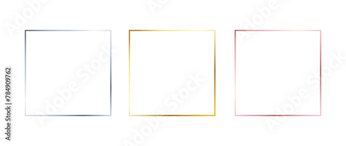 Silver, golden and rose gold thin frames. Set of shiny square borders in art deco style. Thin line glowing grey, yellow and pink boarder element collection. Vector bundle for Christmas, birthday decor