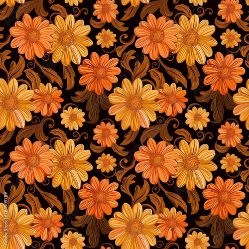 Floral orange color  form natural  seamless fabric pattern.