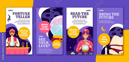 Fortune Teller Social Media Stories Flat Cartoon Hand Drawn Templates Background Illustration