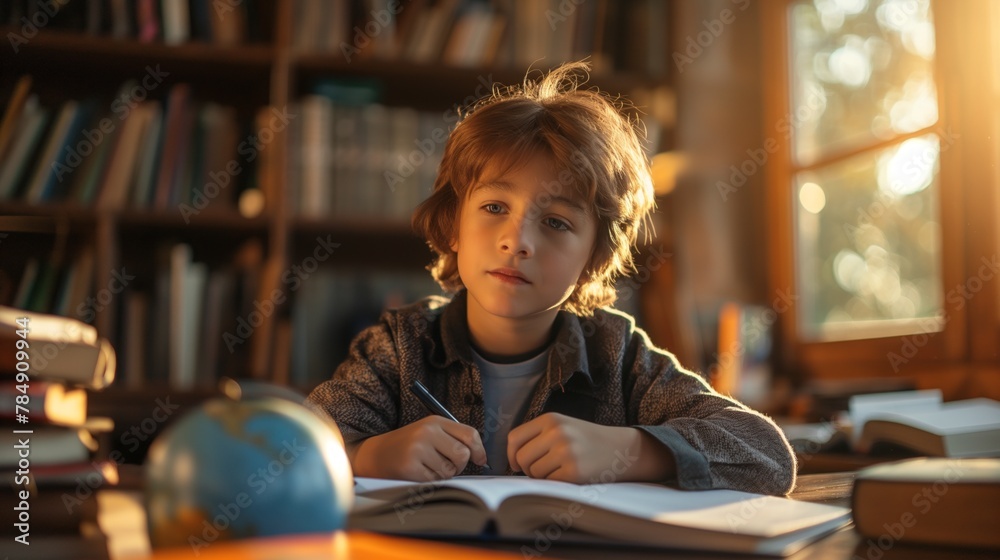 Child with a curious expression studying in an old library, Concept of early education and love for learning Child with a curious expression studying in an old library, Concept of early education and love for learning