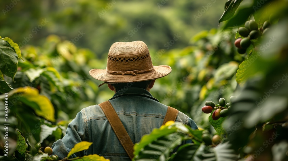Back view of a farmer in a straw hat tending to a coffee plantation, concept of sustainable agriculture and coffee cultivation