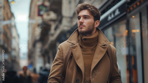 Fashionable man in autumn attire walking confidently through city streets, Concept of urban lifestyle and men's fashion