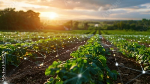 Innovative Smart Farm Landscape with Connected IoT Devices at Sunset