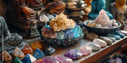 photo of meditation altar with colorful crystals 