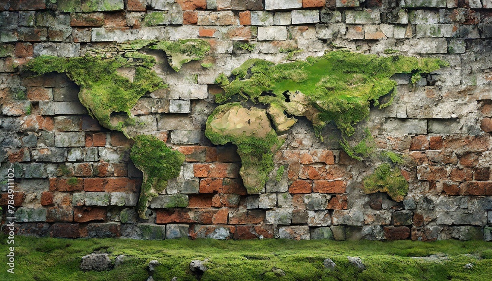 photorealistic, world map on rotten brick wall and wood wall