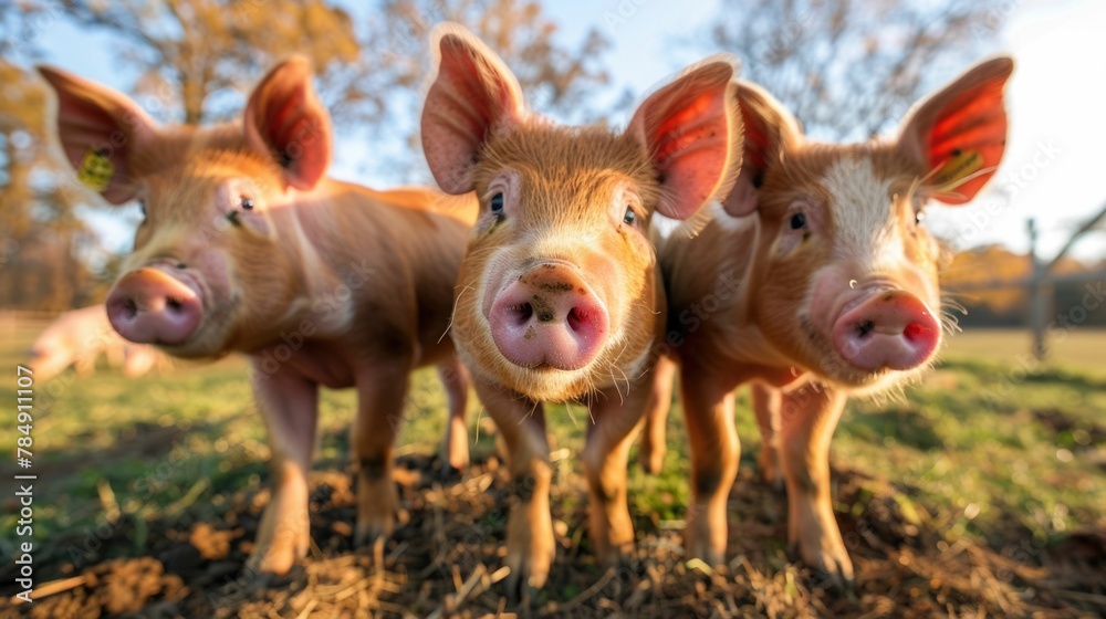 Trio of Adorable Piglets Exploring Autumn Farmland Trio of Adorable Piglets Exploring Autumn Farmland