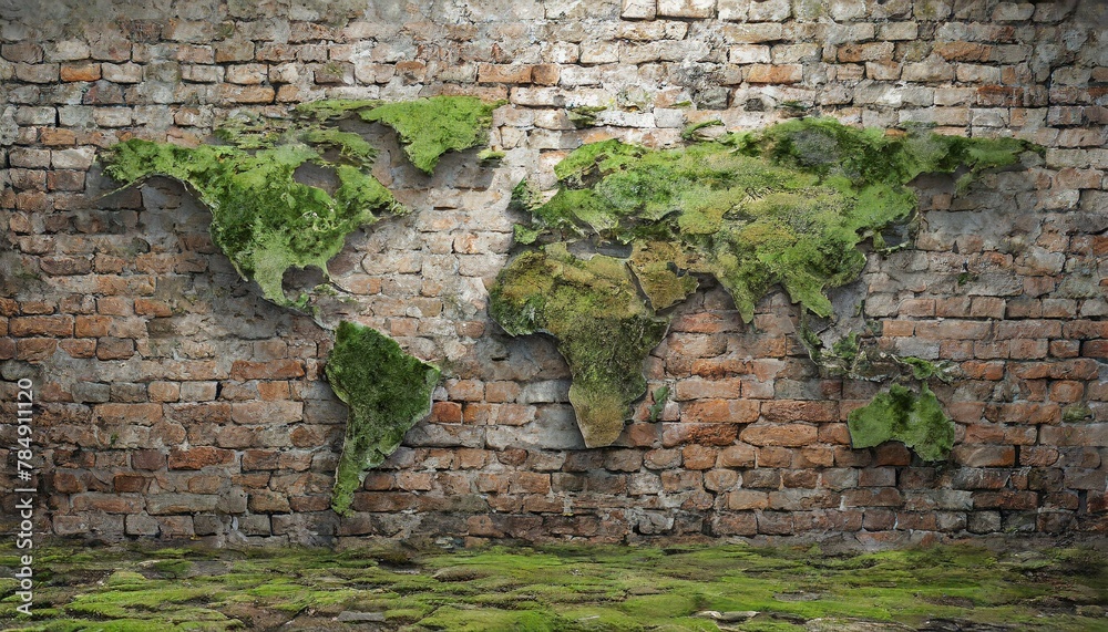 photorealistic, world map on rotten brick wall and wood wall